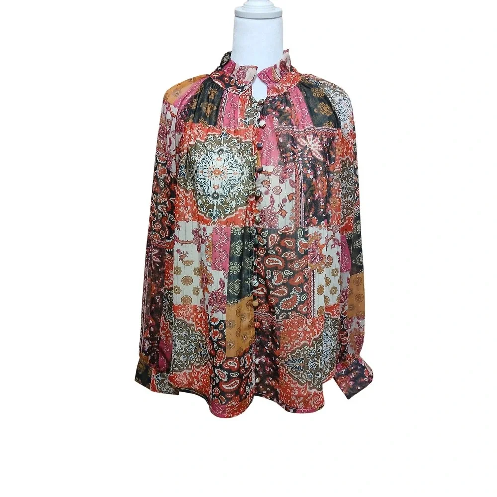 Entro Women PatchworkPaisley RuffleNeckLurex ButtonDown BlouseOrangeMediumOrange - Picture 3 of 10